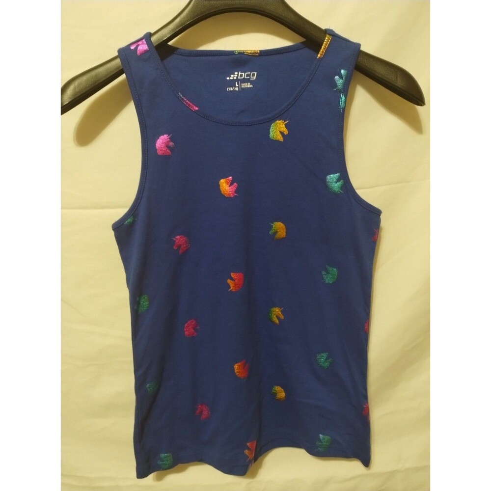 bcg girl’s L(12/14) Blue Multicolor Logo Print Scoop Neck Knit Pullover Tank Top